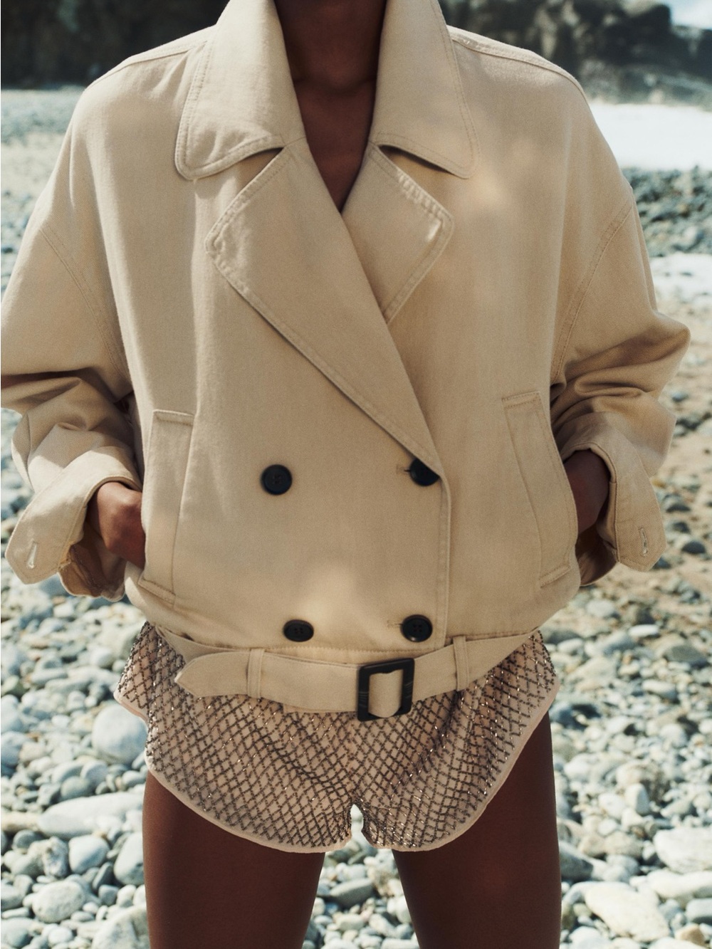 Zara Elastic Hem Cropped Jacket in Beige